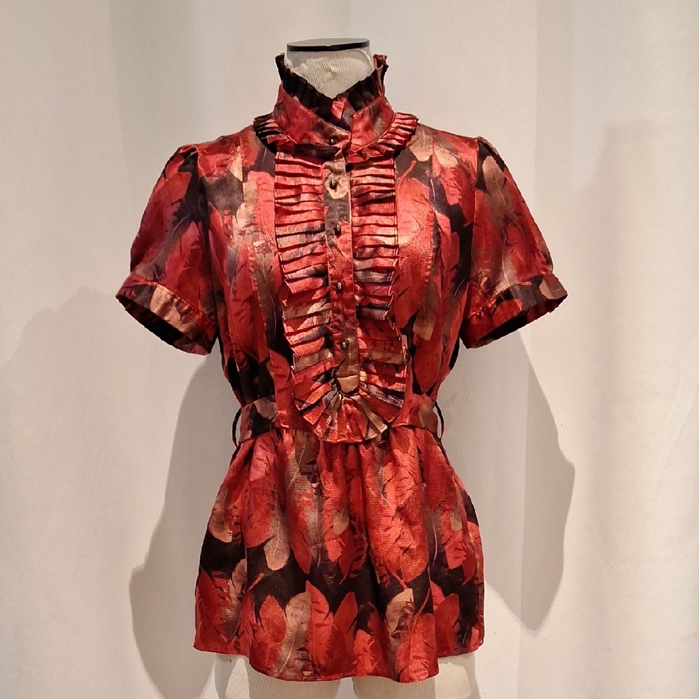 New York & Company Satiny  Red and Black Leaf Print Blouse Size M